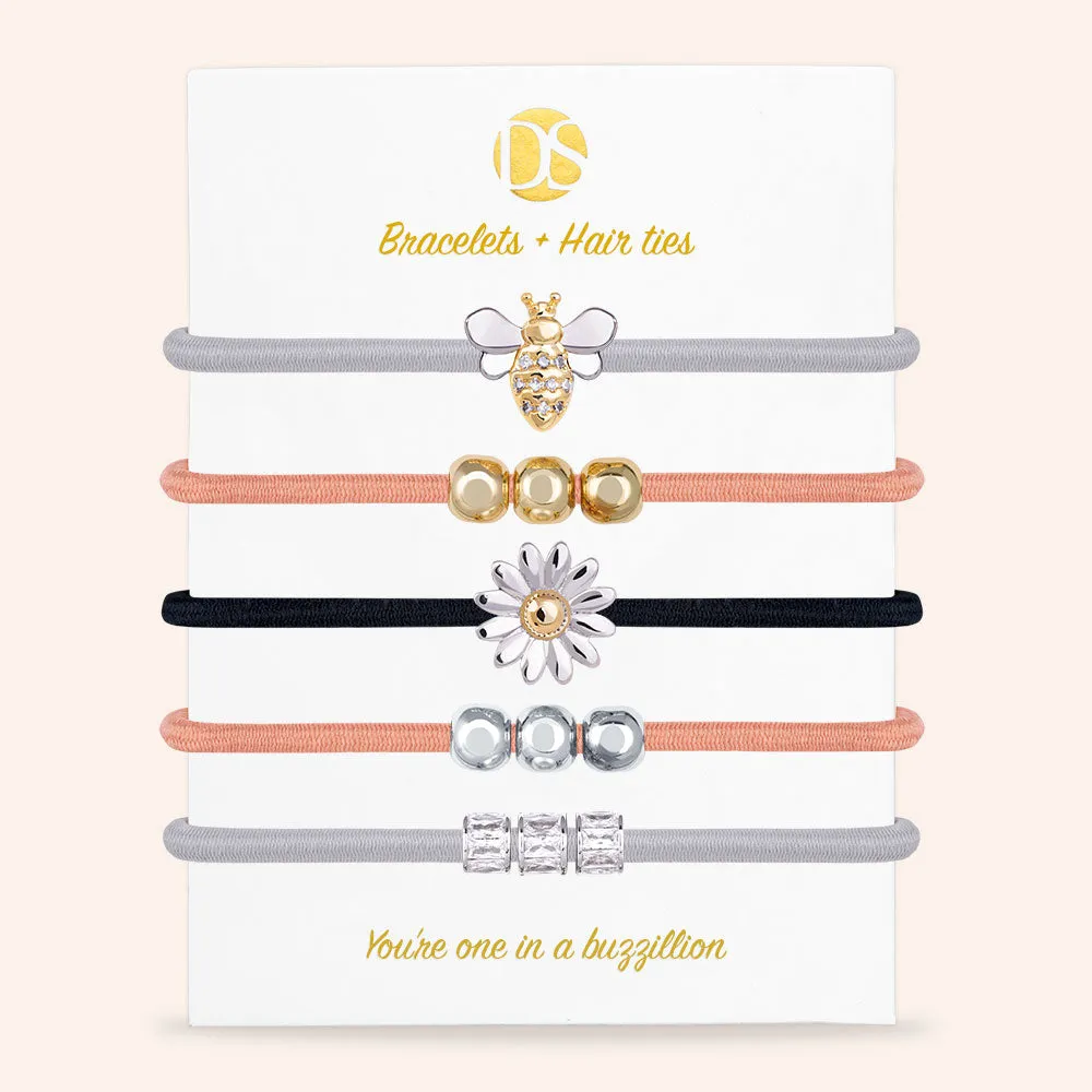 "Bee Happy" Two-Tone Set of 5 Hair Ties & Bracelet Jewels