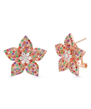 Rainbow Crystal Flower Stud Earrings - Rose Gold Plated, Hypoallergenic, Comfort Fit, Made in Italy