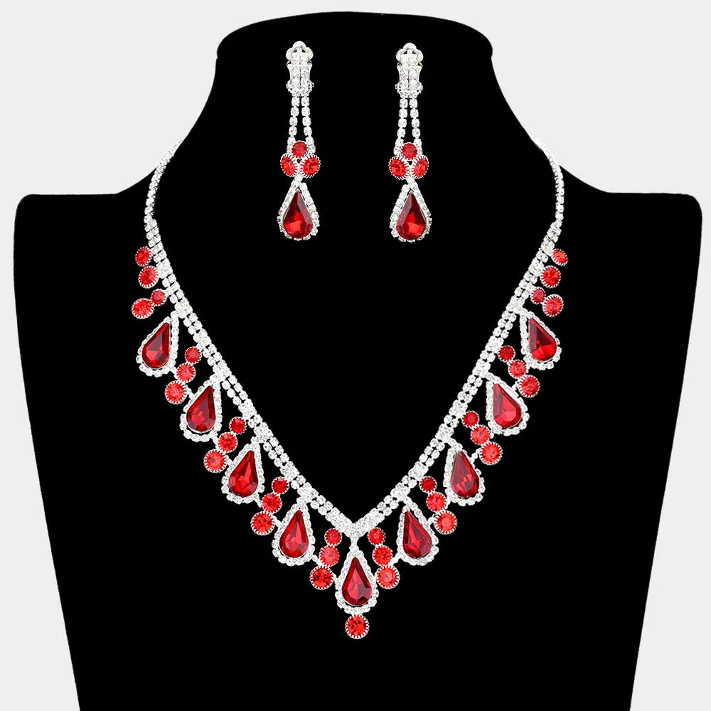 Red Teardrop and Rhinestone Necklace with Clip On Earrings  | Prom Jewelry |  418876