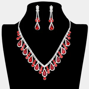 Red Teardrop and Rhinestone Necklace with Clip On Earrings  | Prom Jewelry |  418876