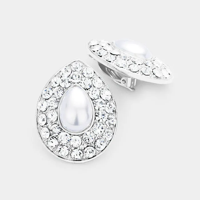 Rhinestones and White Pearl Teardrop Clip On Earrings | Clip On Bridal Earrings |  380473