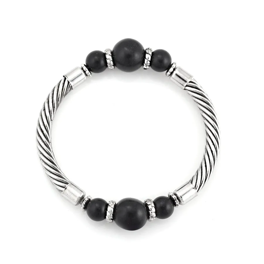 RHODIUM BLACK BEADS ROPE STYLE BRACELETS  #SB15142/1 (BD15)
