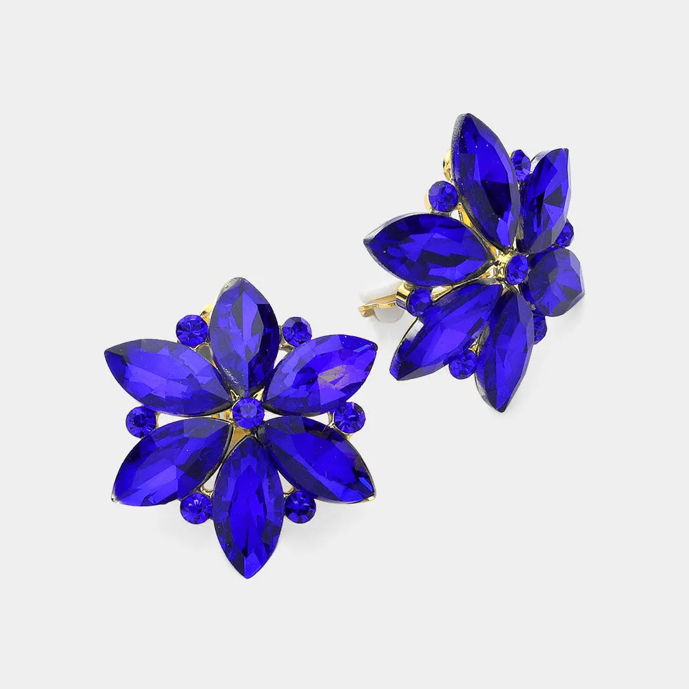 Royal Blue Marquise Stone Cluster Flower Clip On Pageant Earrings   | Interview Clip On Earrings |  631816