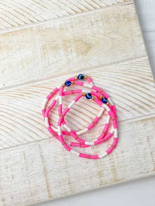 Rubber Disc Evil Eye Beaded Stretch Bracelet Stack - Hot Pink