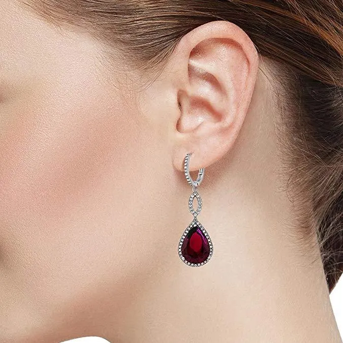Ruby Crystal Teardrop Infinity Earrings in 18K White Gold Plated - Hypoallergenic & Made to Last