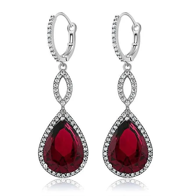 Ruby Crystal Teardrop Infinity Earrings in 18K White Gold Plated - Hypoallergenic & Made to Last