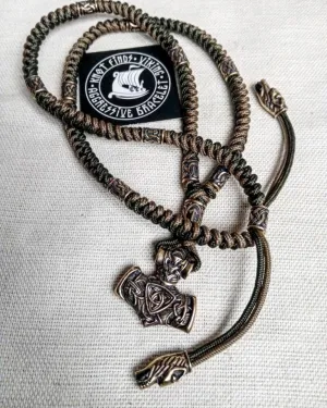 Runic necklace. Paracord jewelry. Viking style. Mens accessories. Thor's Hammer pendant.