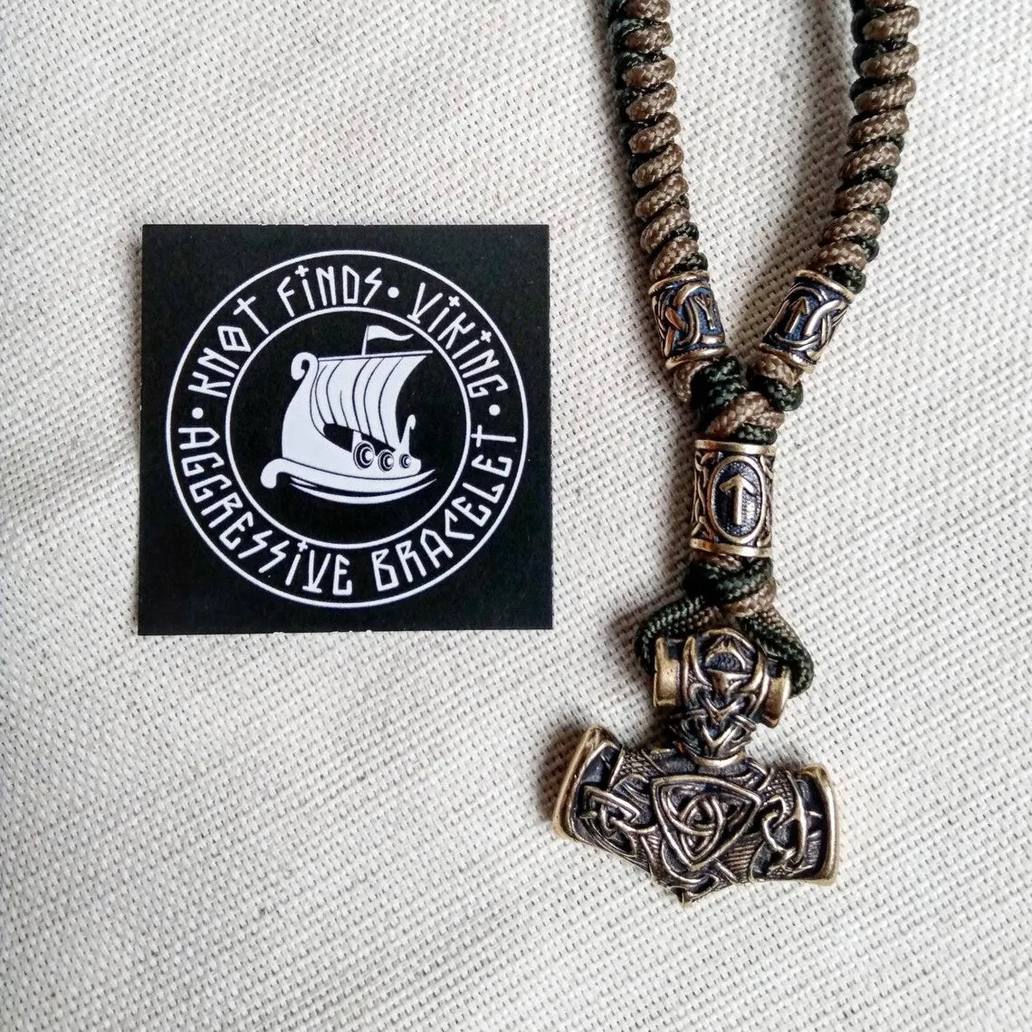 Runic necklace. Paracord jewelry. Viking style. Mens accessories. Thor's Hammer pendant.