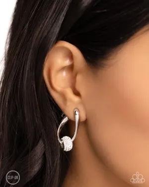 Secret Standout - White - Rhinestone Encrusted Bead Silver Teardrop Paparazzi Clip-On Earrings