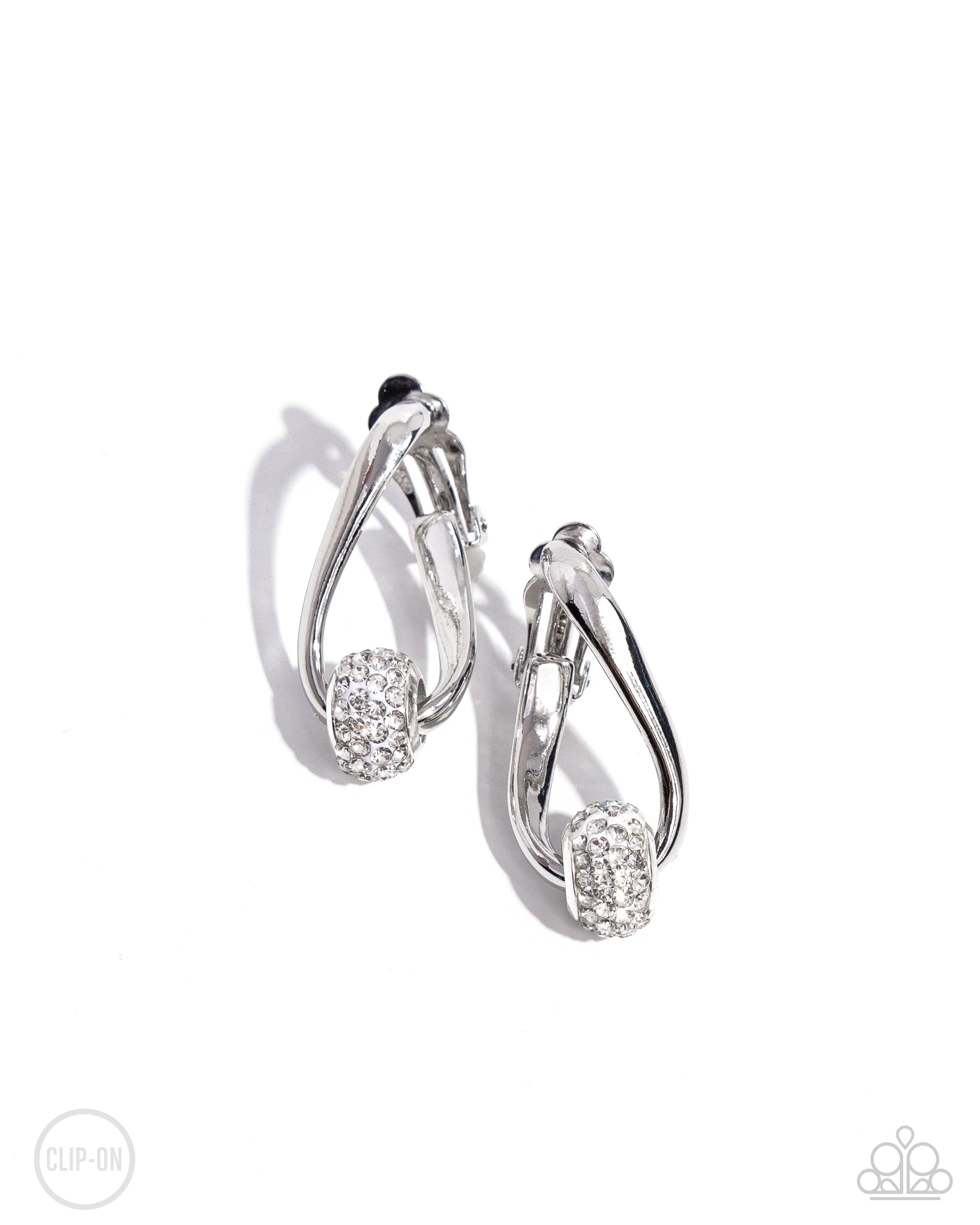 Secret Standout - White - Rhinestone Encrusted Bead Silver Teardrop Paparazzi Clip-On Earrings