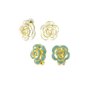 Set of 2 Fashion Enamel 3D Blue White Rose Flower Clip-On Earrings Gold Plated
