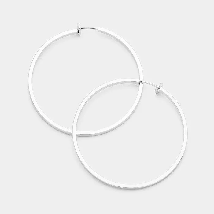 Silver Metal Hoop Clip on Earrings | 2.5" | 367057