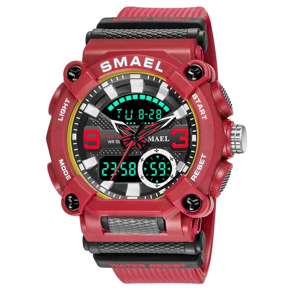 SMAEL Men Sports Watches Luxury Brand Military Waterproof Digital Quartz Watch Mens Dual Display Date Alarm Stopwatch Wristwatch