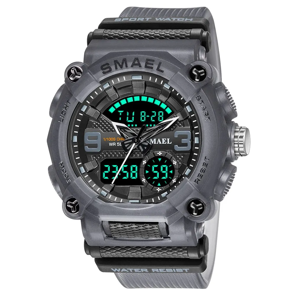 SMAEL Men Sports Watches Luxury Brand Military Waterproof Digital Quartz Watch Mens Dual Display Date Alarm Stopwatch Wristwatch