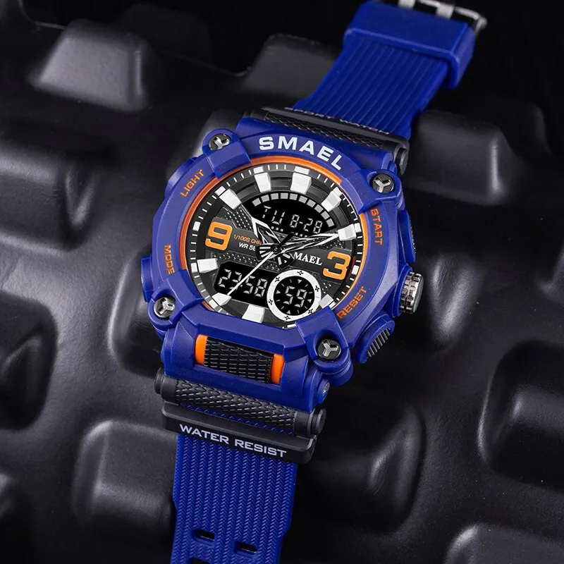 SMAEL Men Sports Watches Luxury Brand Military Waterproof Digital Quartz Watch Mens Dual Display Date Alarm Stopwatch Wristwatch