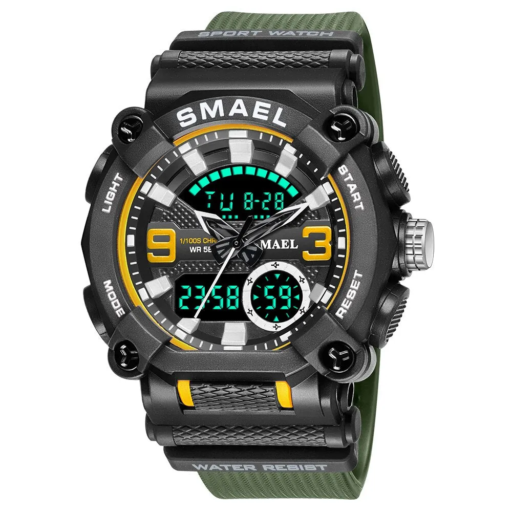 SMAEL Men Sports Watches Luxury Brand Military Waterproof Digital Quartz Watch Mens Dual Display Date Alarm Stopwatch Wristwatch
