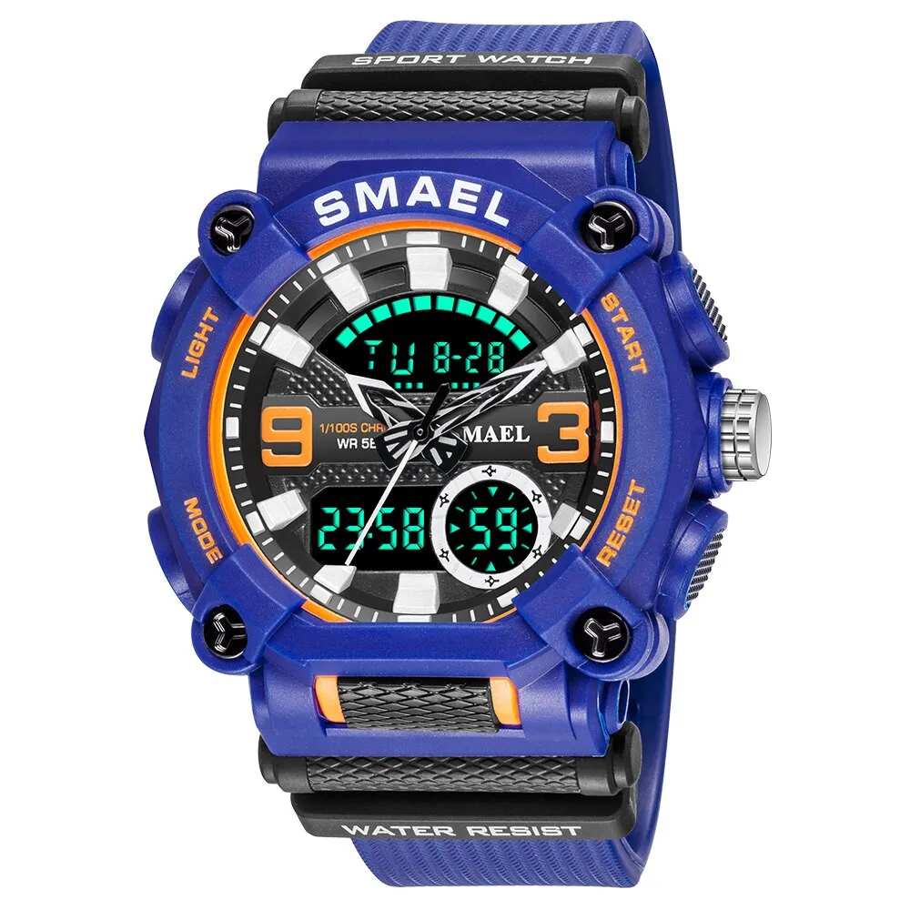SMAEL Men Sports Watches Luxury Brand Military Waterproof Digital Quartz Watch Mens Dual Display Date Alarm Stopwatch Wristwatch