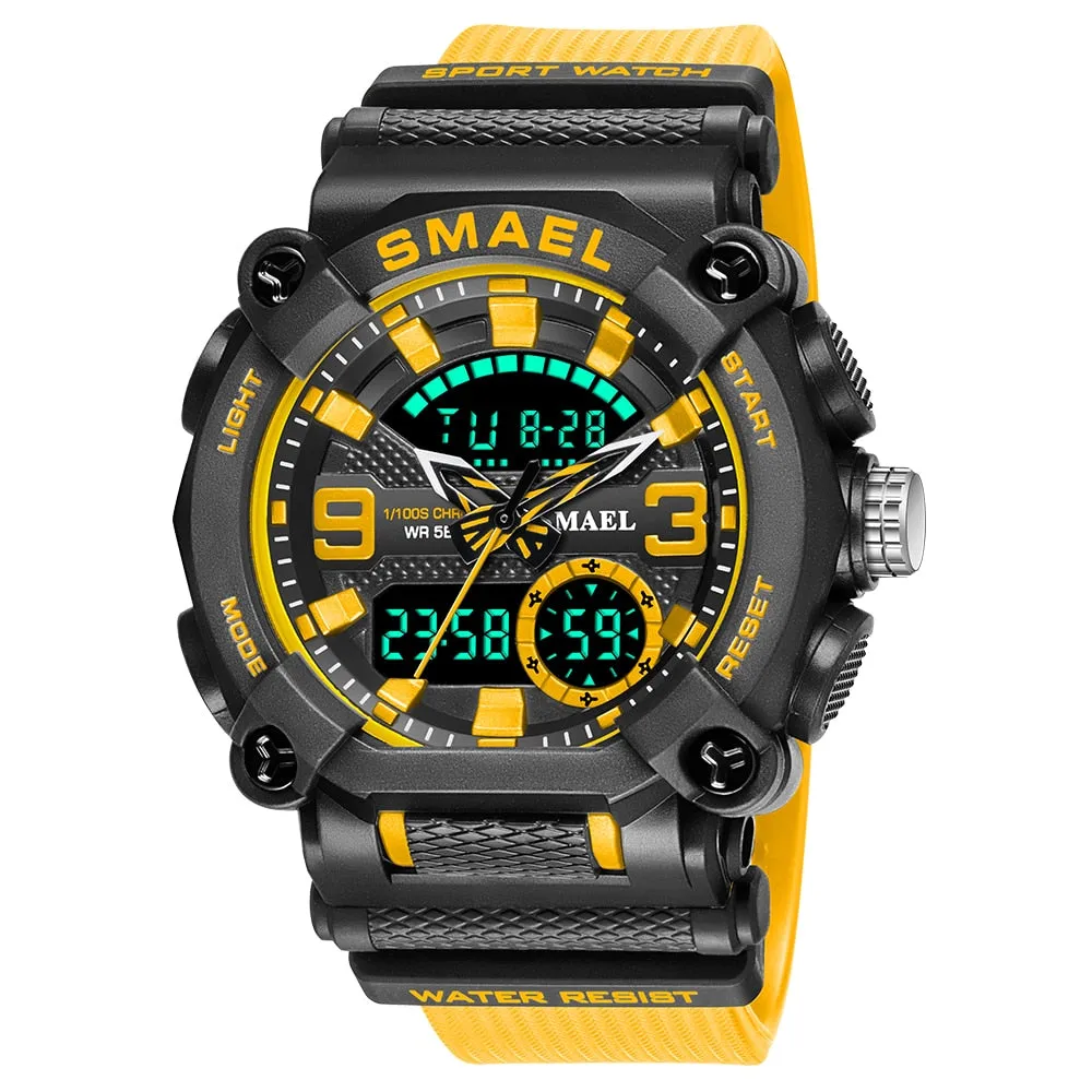 SMAEL Men Sports Watches Luxury Brand Military Waterproof Digital Quartz Watch Mens Dual Display Date Alarm Stopwatch Wristwatch