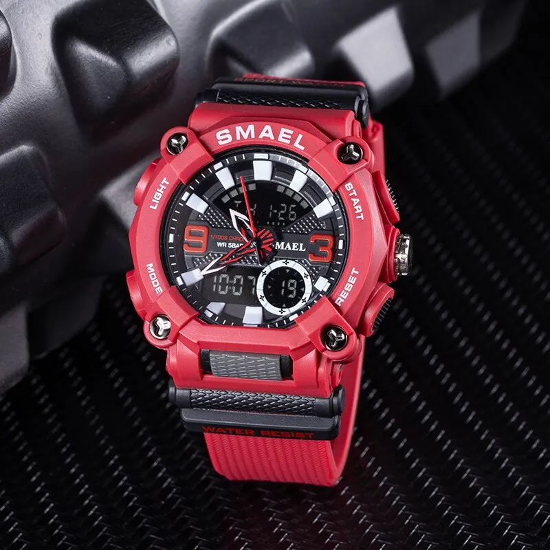 SMAEL Men Sports Watches Luxury Brand Military Waterproof Digital Quartz Watch Mens Dual Display Date Alarm Stopwatch Wristwatch