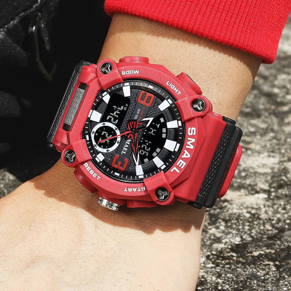 SMAEL Men Sports Watches Luxury Brand Military Waterproof Digital Quartz Watch Mens Dual Display Date Alarm Stopwatch Wristwatch