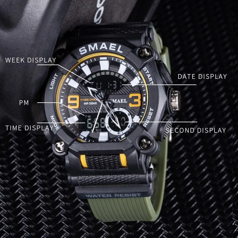 SMAEL Men Sports Watches Luxury Brand Military Waterproof Digital Quartz Watch Mens Dual Display Date Alarm Stopwatch Wristwatch