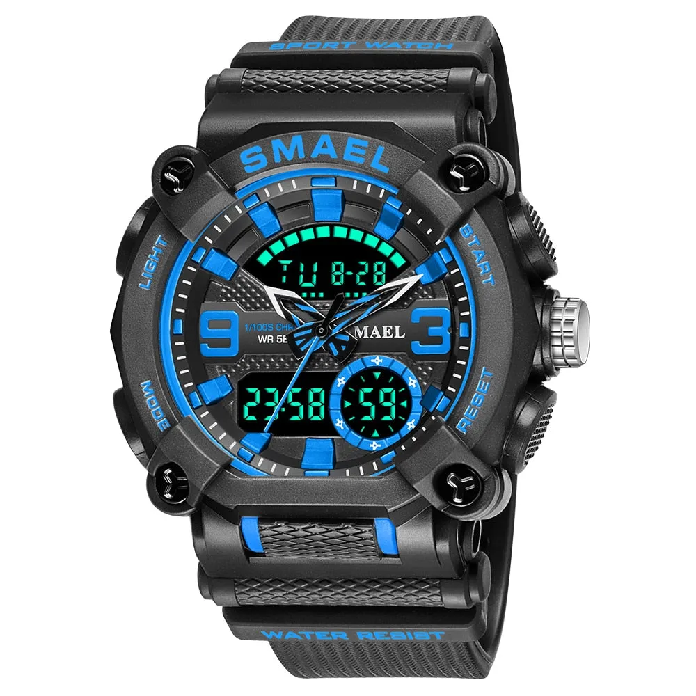 SMAEL Men Sports Watches Luxury Brand Military Waterproof Digital Quartz Watch Mens Dual Display Date Alarm Stopwatch Wristwatch