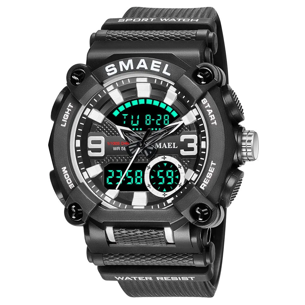 SMAEL Men Sports Watches Luxury Brand Military Waterproof Digital Quartz Watch Mens Dual Display Date Alarm Stopwatch Wristwatch