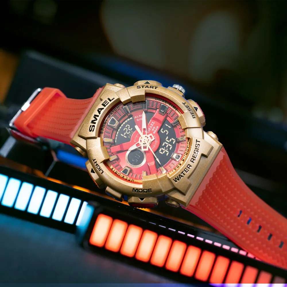 SMAEL Sports Watches Men&#39;s Electronic Dual Display Watch Dual Time Display Digital Analog Quartz Men Wristwatch Waterproof  Hour