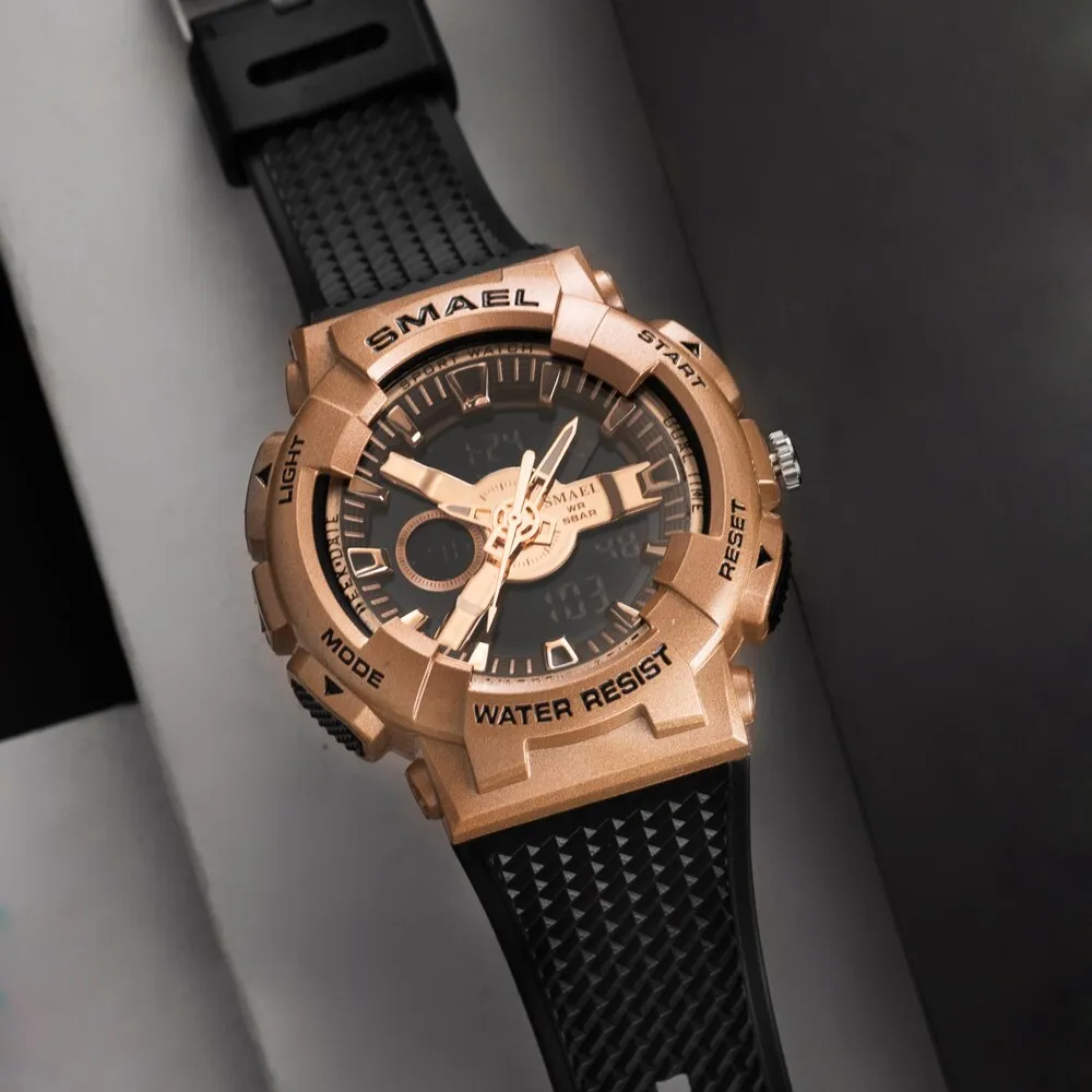SMAEL Sports Watches Men&#39;s Electronic Dual Display Watch Dual Time Display Digital Analog Quartz Men Wristwatch Waterproof  Hour