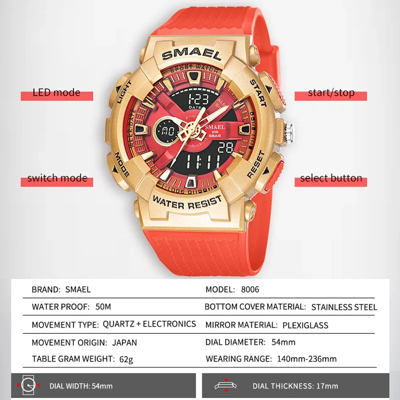 SMAEL Sports Watches Men&#39;s Electronic Dual Display Watch Dual Time Display Digital Analog Quartz Men Wristwatch Waterproof  Hour
