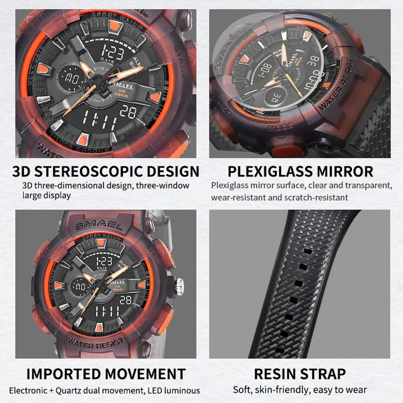 SMAEL Sports Watches Men&#39;s Electronic Dual Display Watch Dual Time Display Digital Analog Quartz Men Wristwatch Waterproof  Hour