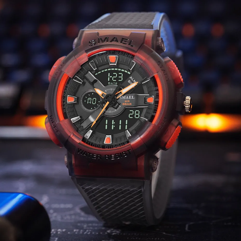 SMAEL Sports Watches Men&#39;s Electronic Dual Display Watch Dual Time Display Digital Analog Quartz Men Wristwatch Waterproof  Hour