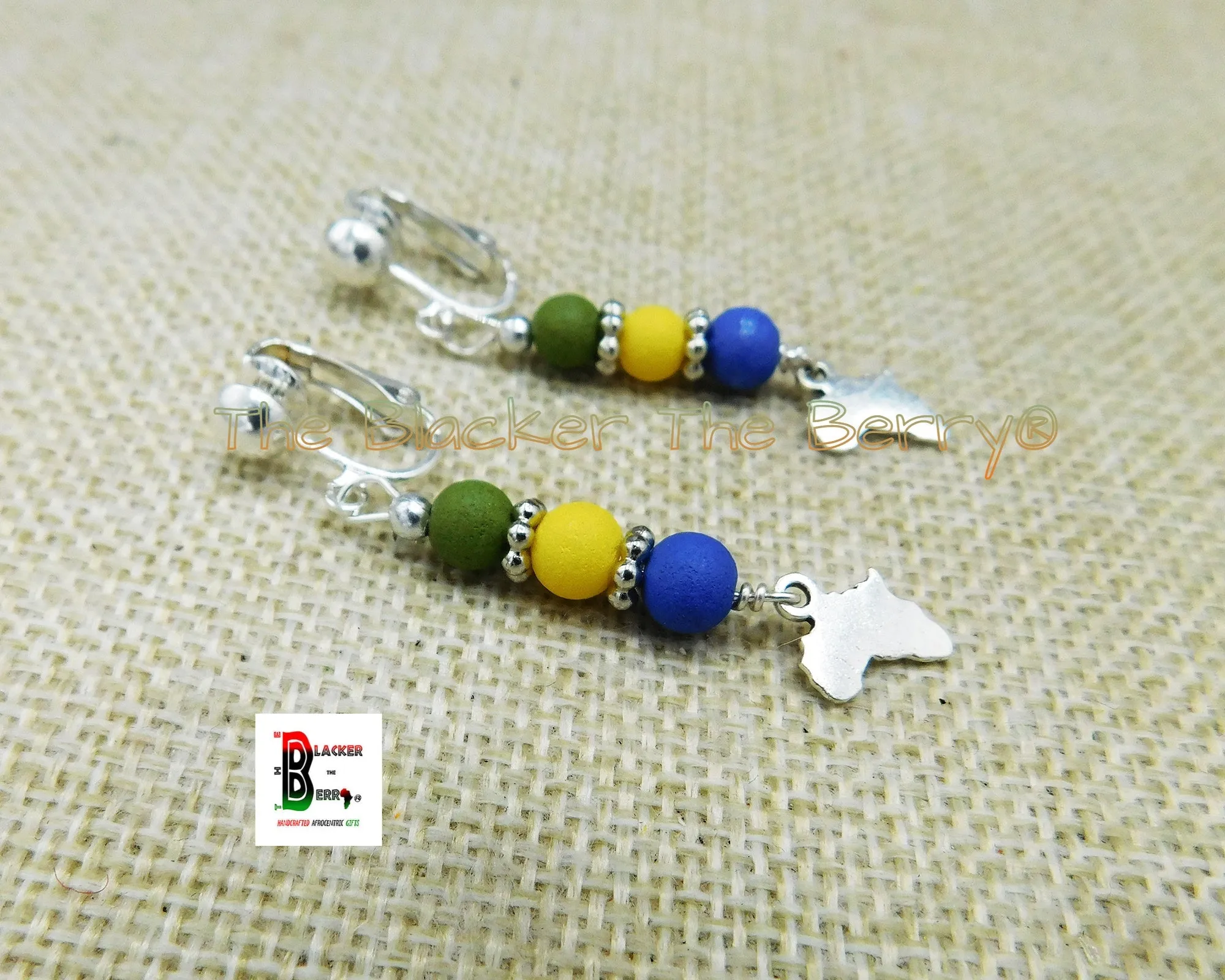 Small Africa Clip On Earrings Beaded Yellow Green Blue Antique Silver Jewelry