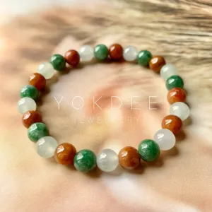 SOLD OUT: 7.4mm A-Grade Natural Tri-Colour Jadeite Beaded Bracelet No.190346