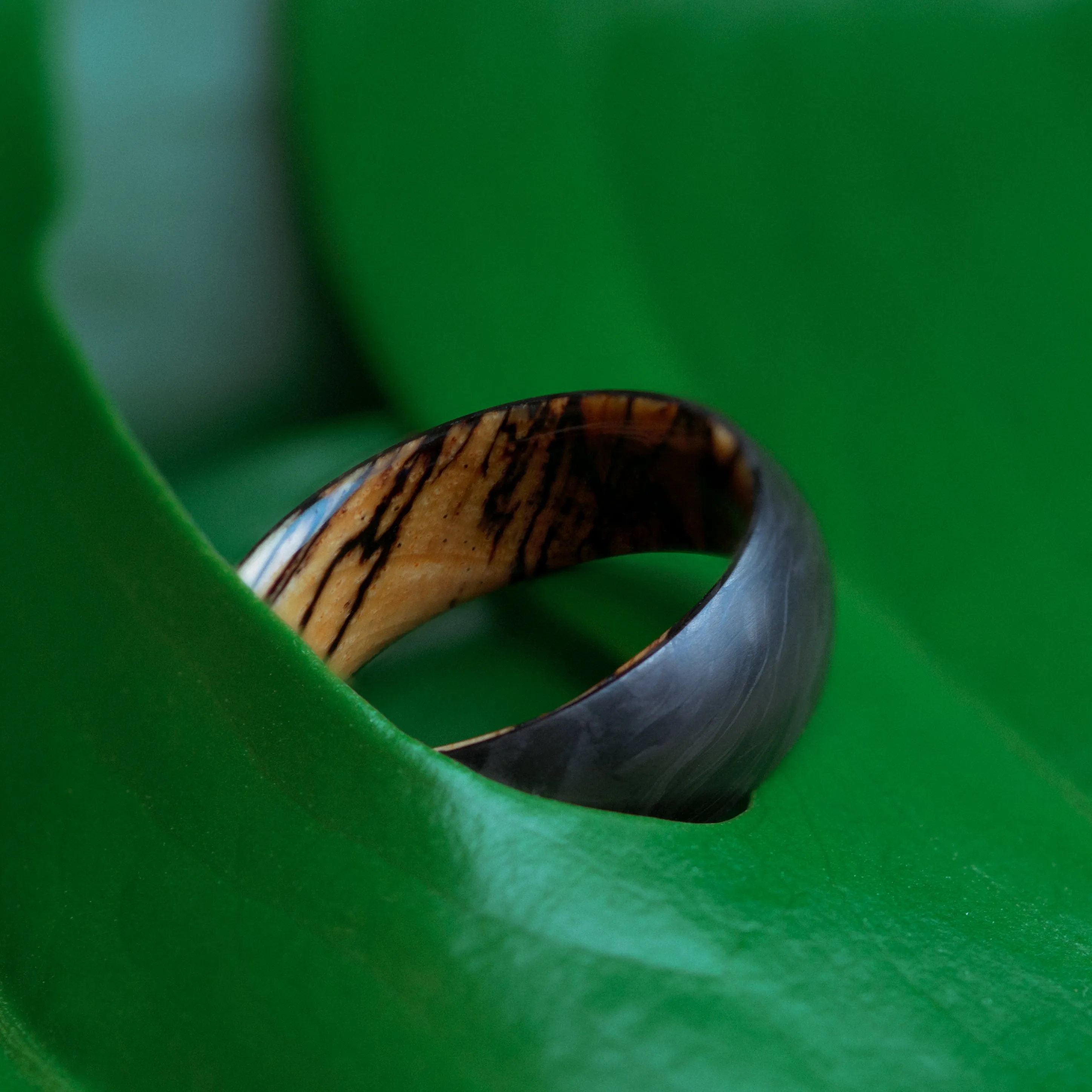 Spalted Tamarind and Forged Carbon Fiber Mens Wedding Band