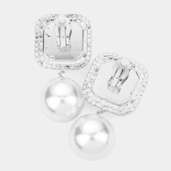 Square Aurora Borealis Stone Pearl Silver Clip on Earrings