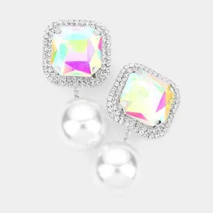 Square Aurora Borealis Stone Pearl Silver Clip on Earrings