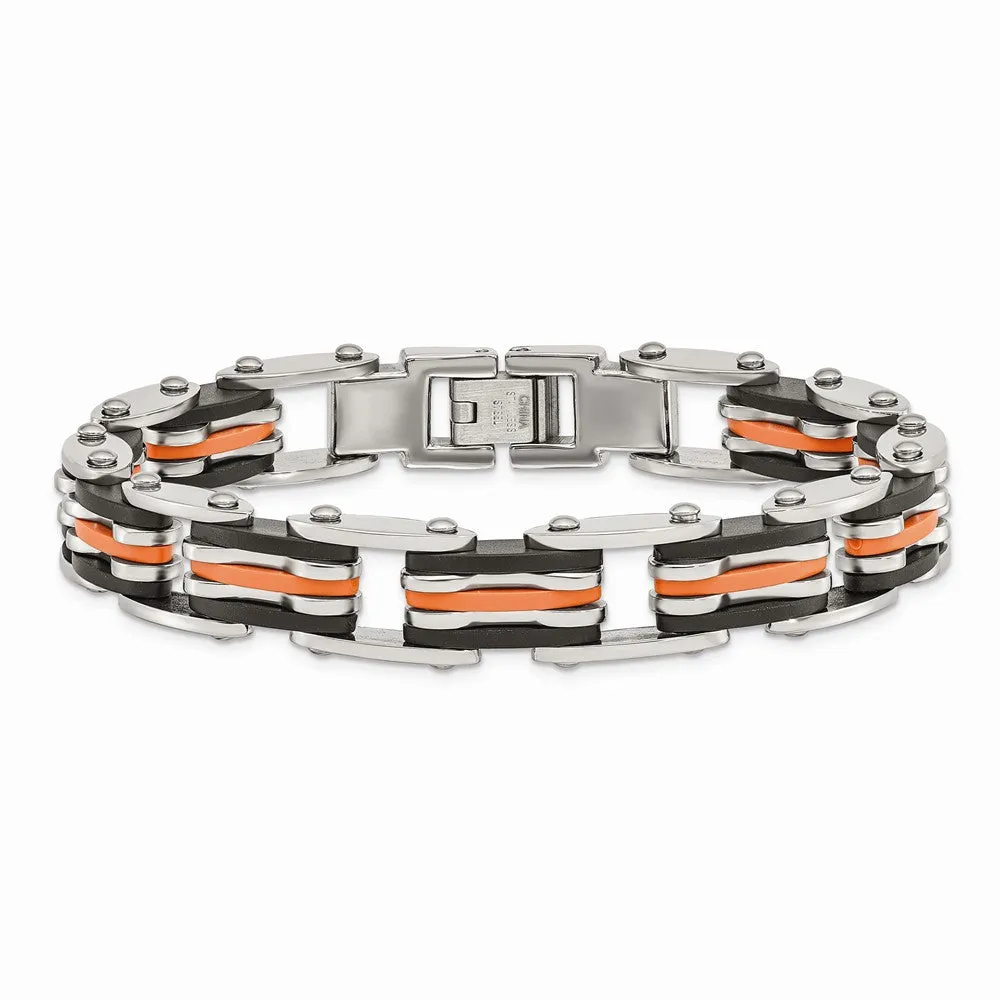 Stainless Steel Black & Orange Rubber 8.5in Bracelet