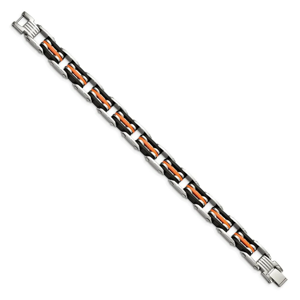 Stainless Steel Black & Orange Rubber 8.5in Bracelet
