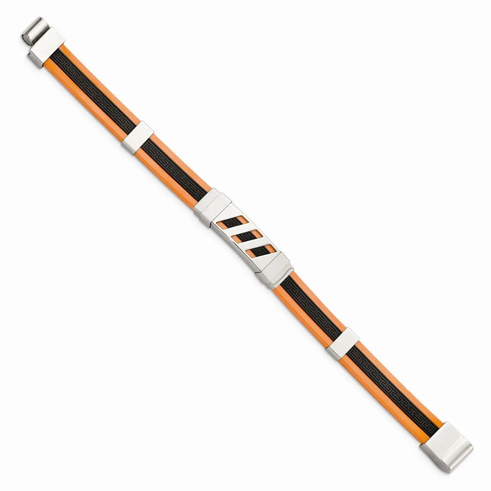 Stainless Steel Black and Orange Rubber 8in Bracelet