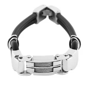 Stainless Steel Black Rubber Silicone Black Silver-Tone Men's Bracelet