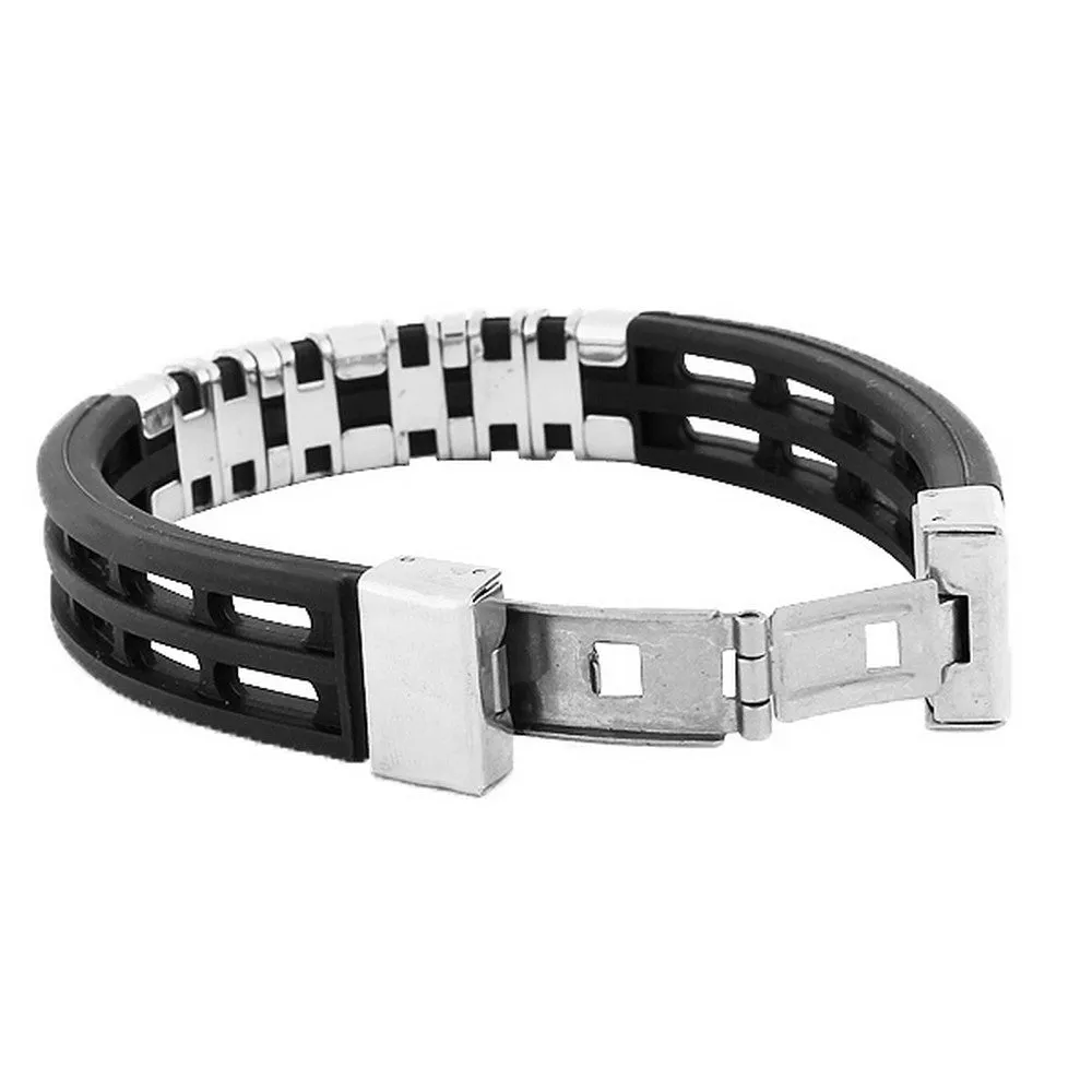 Stainless Steel Black Rubber Silicone Mens Bracelet