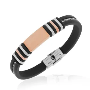 Stainless Steel Black Rubber Silicone Rose Gold-Tone Mens Bracelet