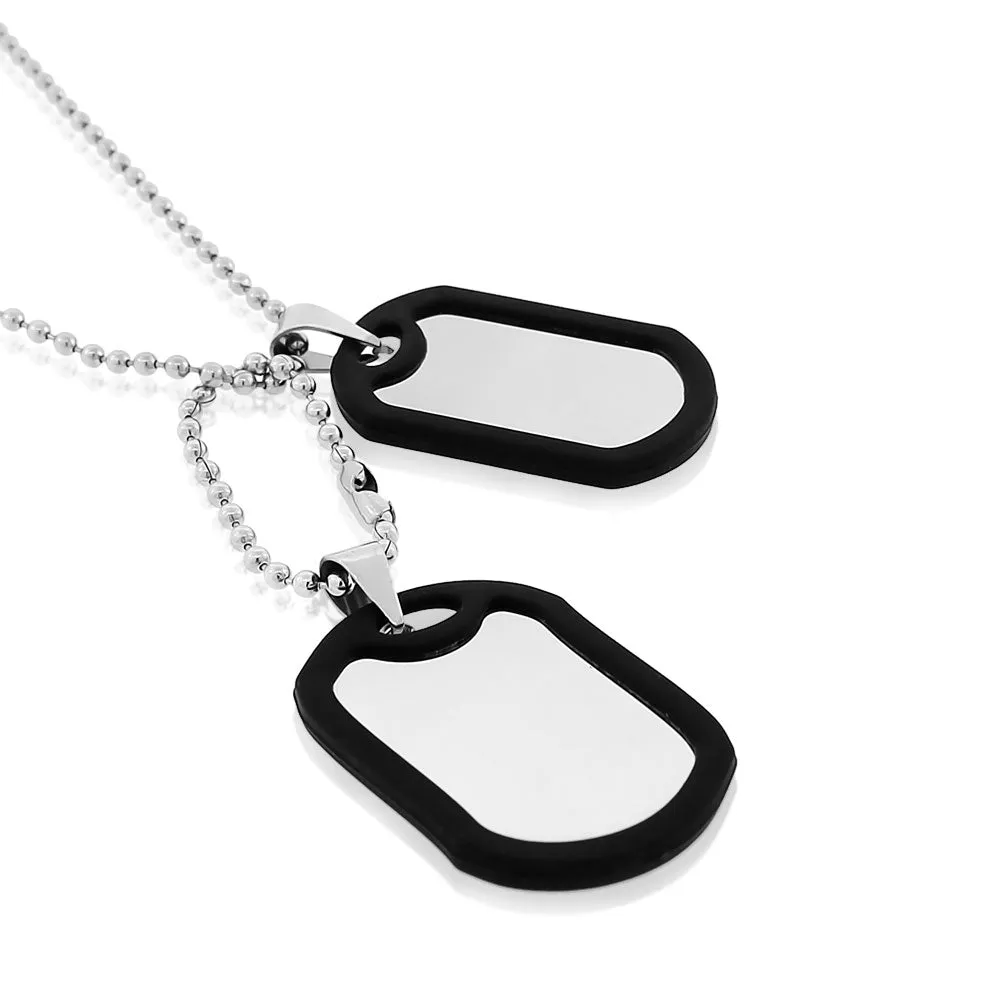 Stainless Steel Black Rubber Silicone Silver-Tone Double Two Dog Tag Necklace Set