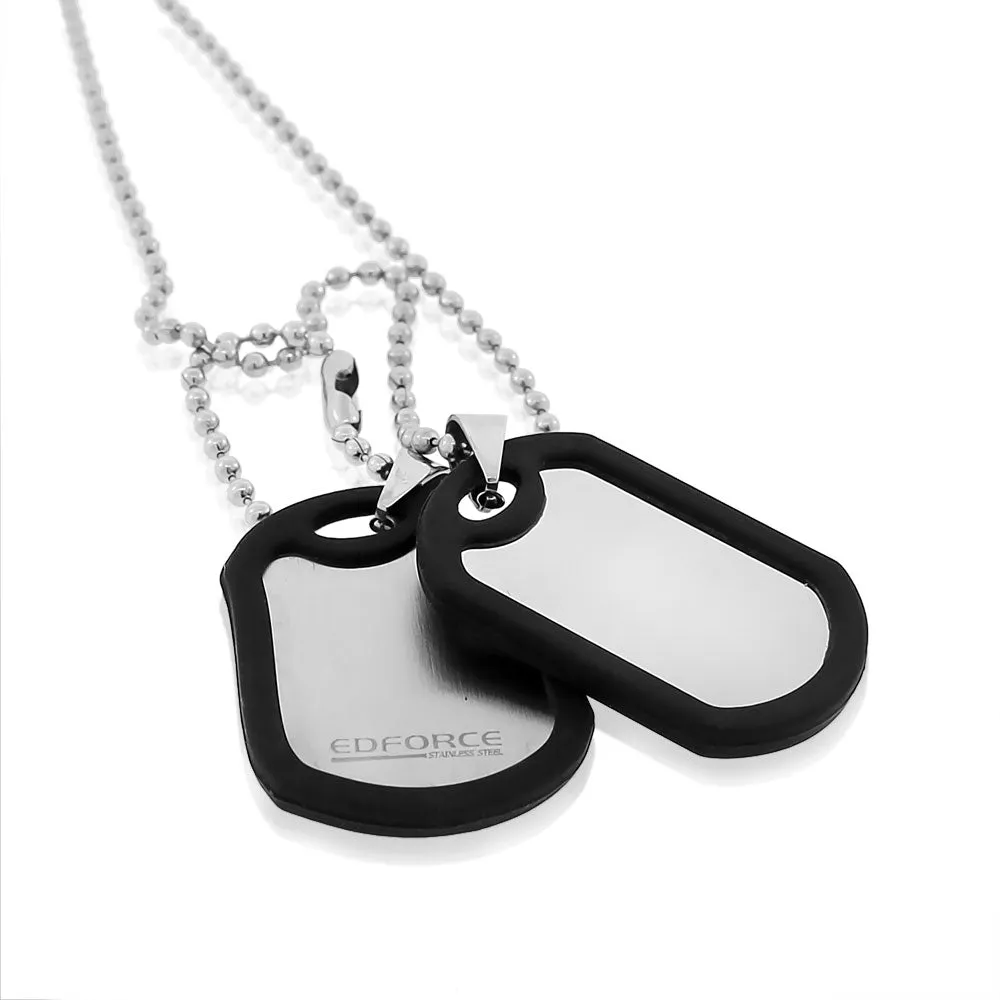 Stainless Steel Black Rubber Silicone Silver-Tone Double Two Dog Tag Necklace Set