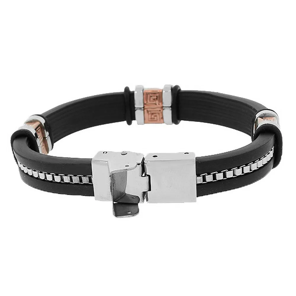 Stainless Steel Black Rubber Silicone Silver-Tone Rose Gold-Tone Chain Greek Key Men's Bracelet