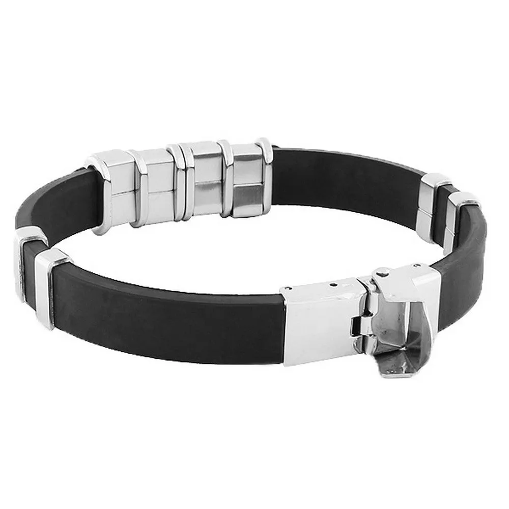 Stainless Steel Black Rubber Silicone Silver-Tone Screws Mens Bracelet