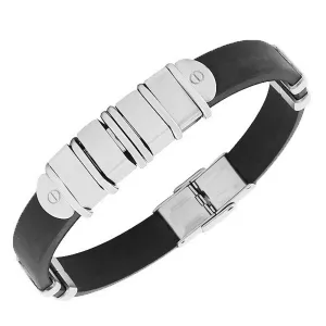 Stainless Steel Black Rubber Silicone Silver-Tone Screws Mens Bracelet