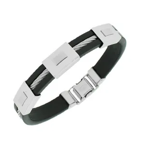 Stainless Steel Black Rubber Silicone Silver-Tone Twisted Cable Men's Bracelet