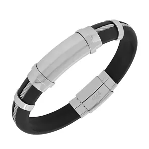 Stainless Steel Black Rubber Silicone Silver-Tone Twisted Cable Rope Men's Bracelet